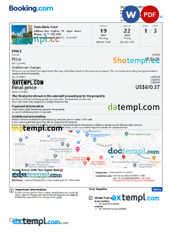 Salvador hotel booking confirmation Word and PDF template, 2 pages