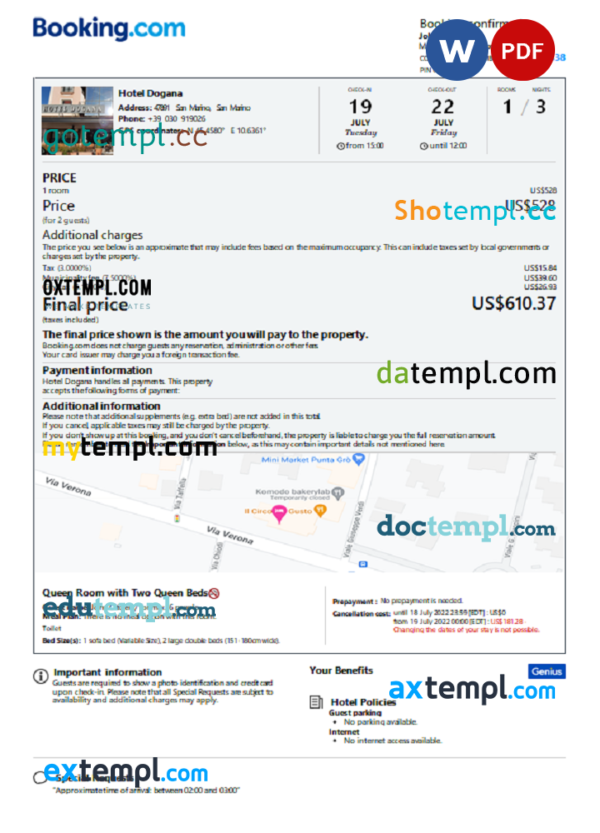 San Marino hotel booking confirmation Word and PDF template, 2 pages