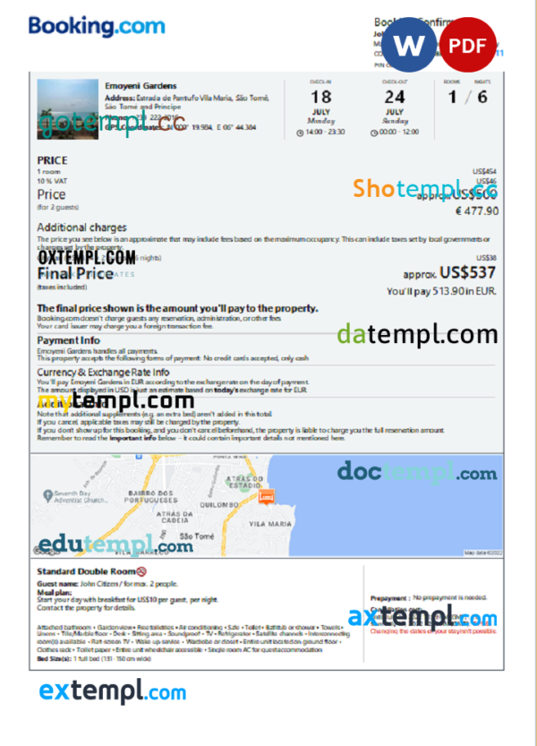 Sao Tome and Principe hotel booking confirmation Word and PDF template, 2 pages