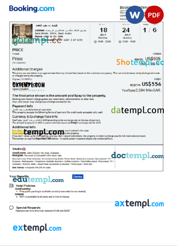 Saudi Arabia hotel booking confirmation Word and PDF template, 2 pages