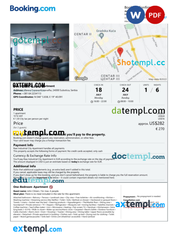 Serbia hotel booking confirmation Word and PDF template, 2 pages