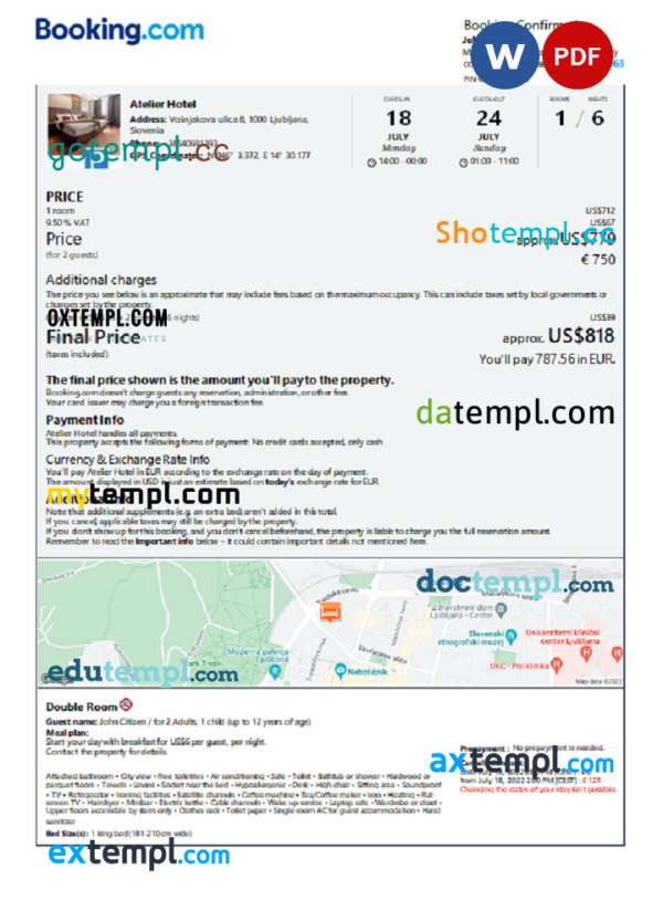Slovenia hotel booking confirmation Word and PDF template, 2 pages