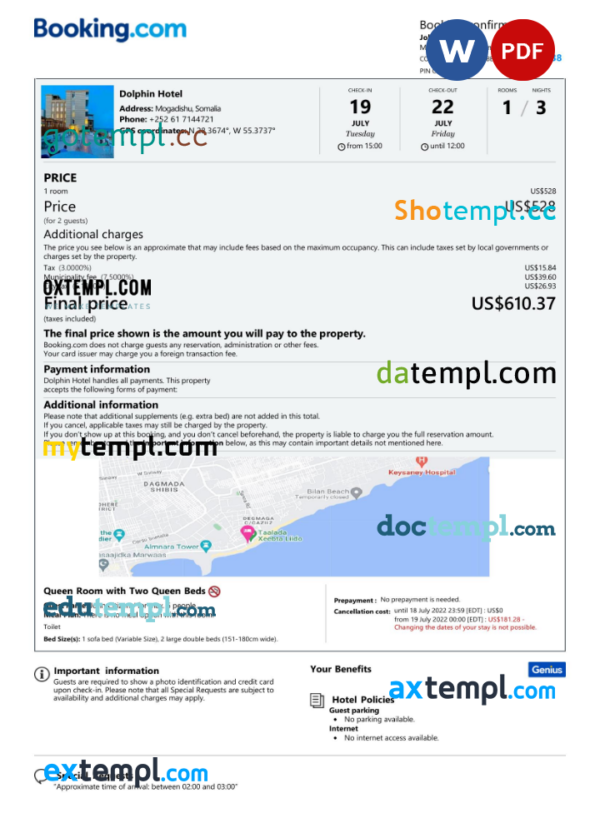 Somalia hotel booking confirmation Word and PDF template, 2 pages