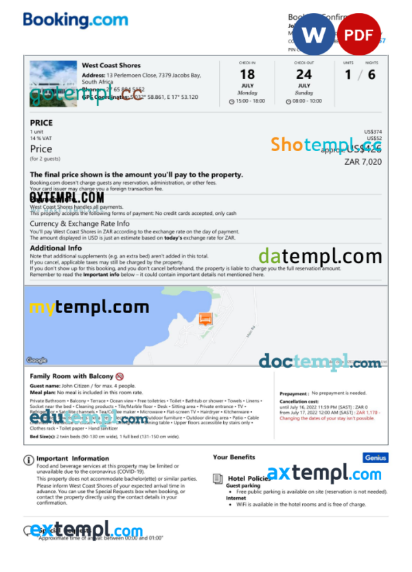 South Africa hotel booking confirmation Word and PDF template, 2 pages