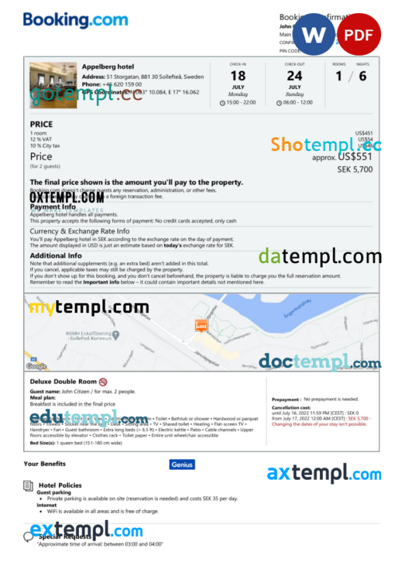 Sweden hotel booking confirmation Word and PDF template, 2 pages