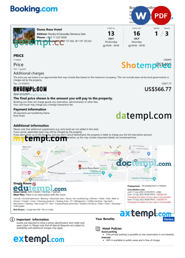 Syria hotel booking confirmation Word and PDF template, 2 pages