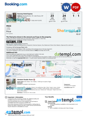 Bolivia hotel booking confirmation Word and PDF template, 2 pages
