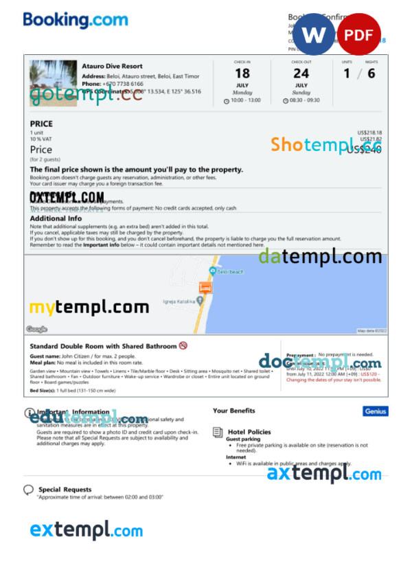 Timor-Leste hotel booking confirmation Word and PDF template, 2 pages