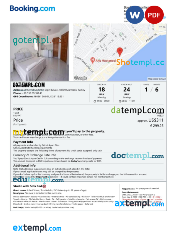Turkey hotel booking confirmation Word and PDF template, 2 pages