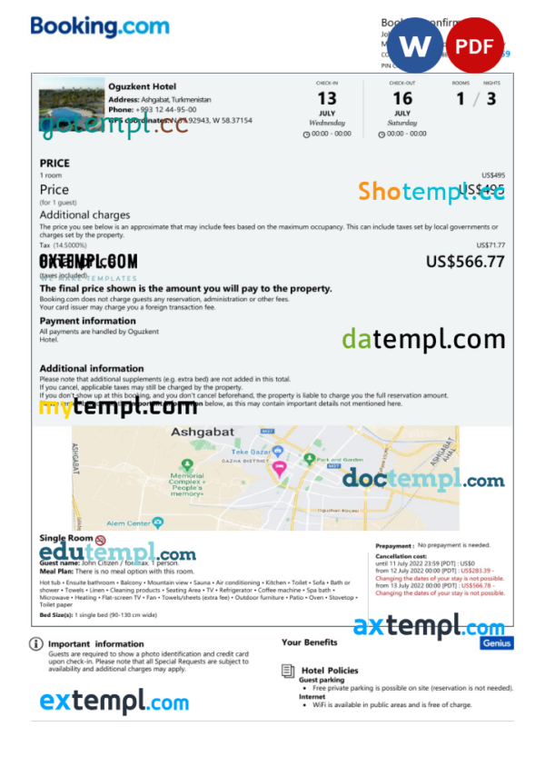 Turkmenistan hotel booking confirmation Word and PDF template, 2 pages