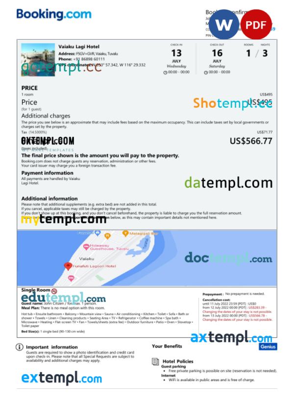 Tuvalu hotel booking confirmation Word and PDF template, 2 pages