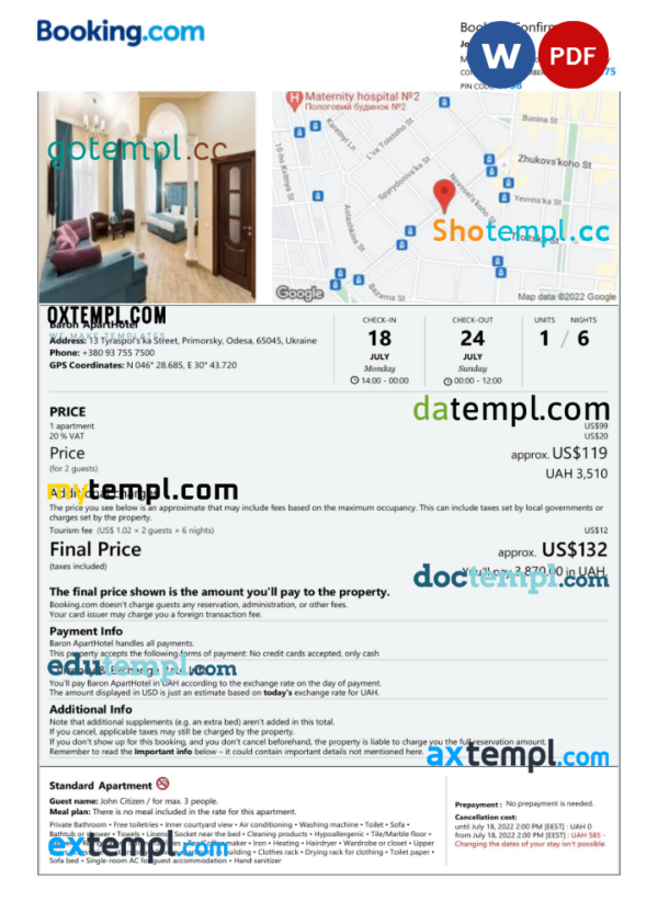 Ukraine hotel booking confirmation Word and PDF template, 2 pages