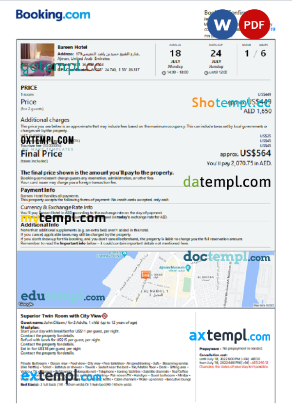 United Arab Emirates hotel booking confirmation Word and PDF template, 2 pages