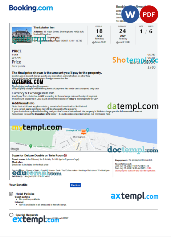 United Kingdom hotel booking confirmation Word and PDF template, 2 pages