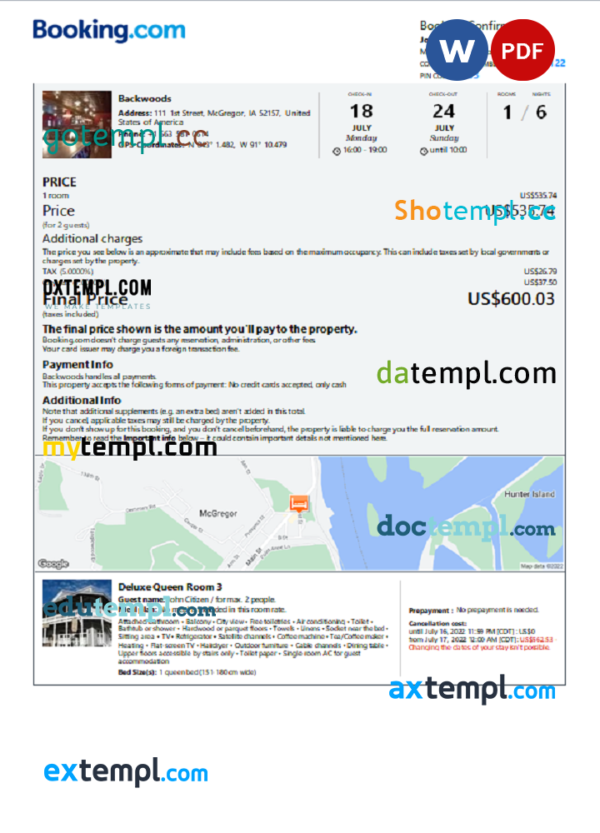 United States of America hotel booking confirmation Word and PDF template, 2 pages