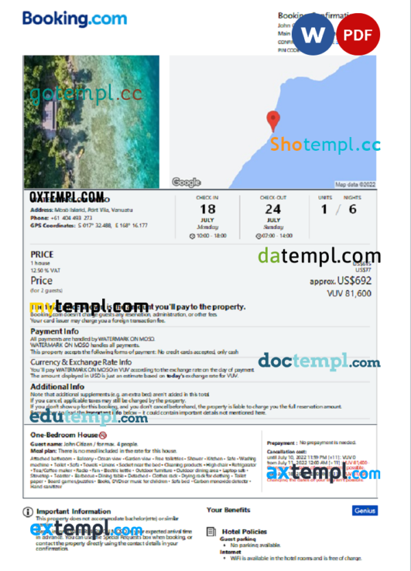 Vanuatu hotel booking confirmation Word and PDF template, 2 pages