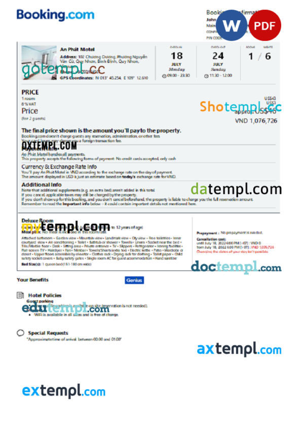 Vietnam hotel booking confirmation Word and PDF template, 2 pages
