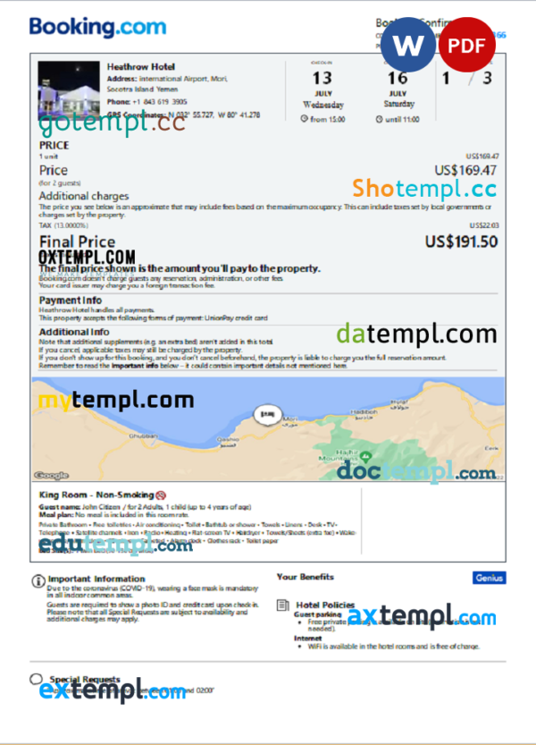 Yemen hotel booking confirmation Word and PDF template, 2 pages