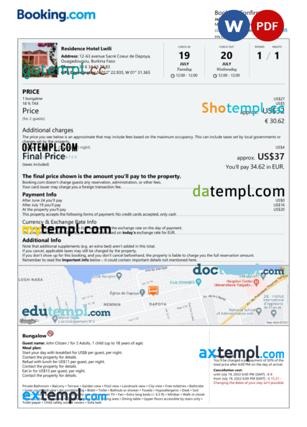 Burkina Faso hotel booking confirmation Word and PDF template, 2 pages
