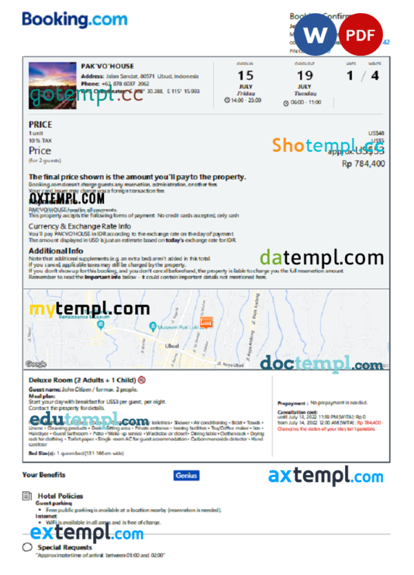 Indonesia hotel booking confirmation Word and PDF template, 2 pages