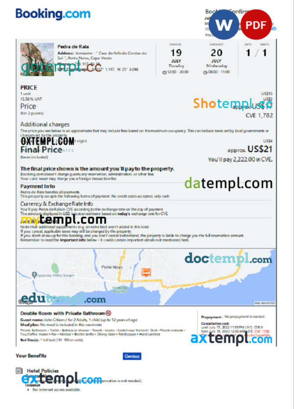 Cabo Verde hotel booking confirmation Word and PDF template, 2 pages