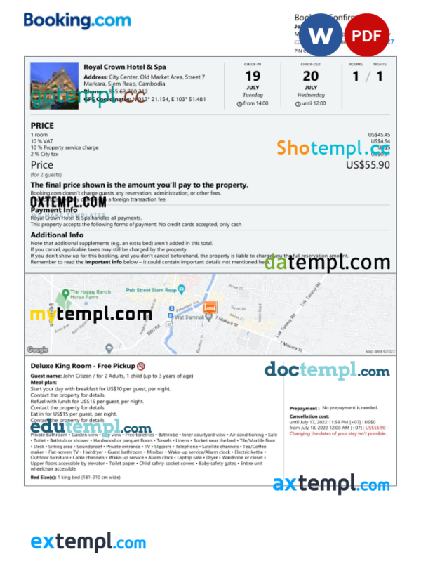 Cambodia hotel booking confirmation Word and PDF template, 2 pages