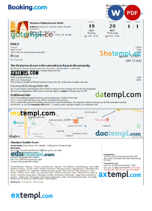 Cameroon hotel booking confirmation Word and PDF template, 2 pages