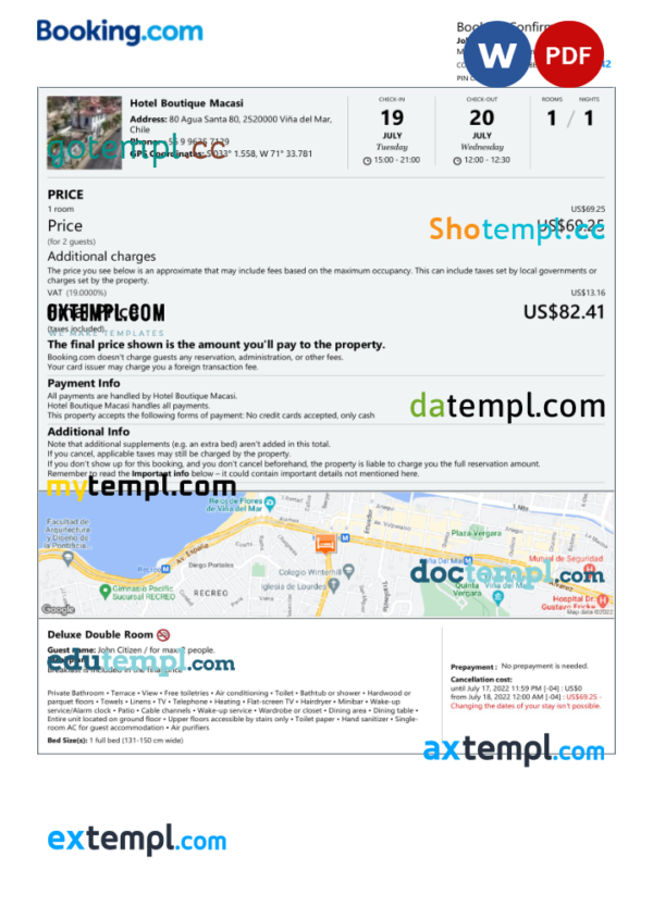 Chile hotel booking confirmation Word and PDF template, 2 pages