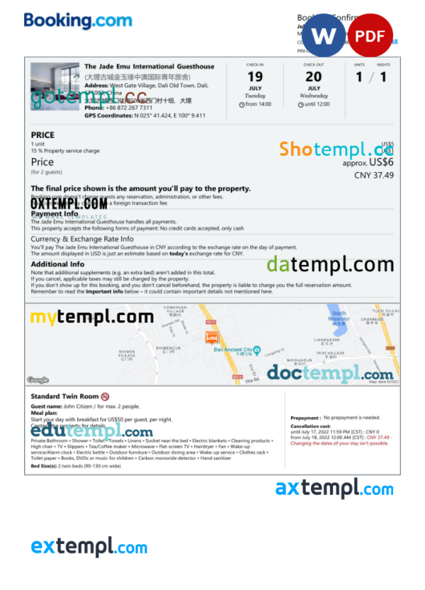 China hotel booking confirmation Word and PDF template, 2 pages