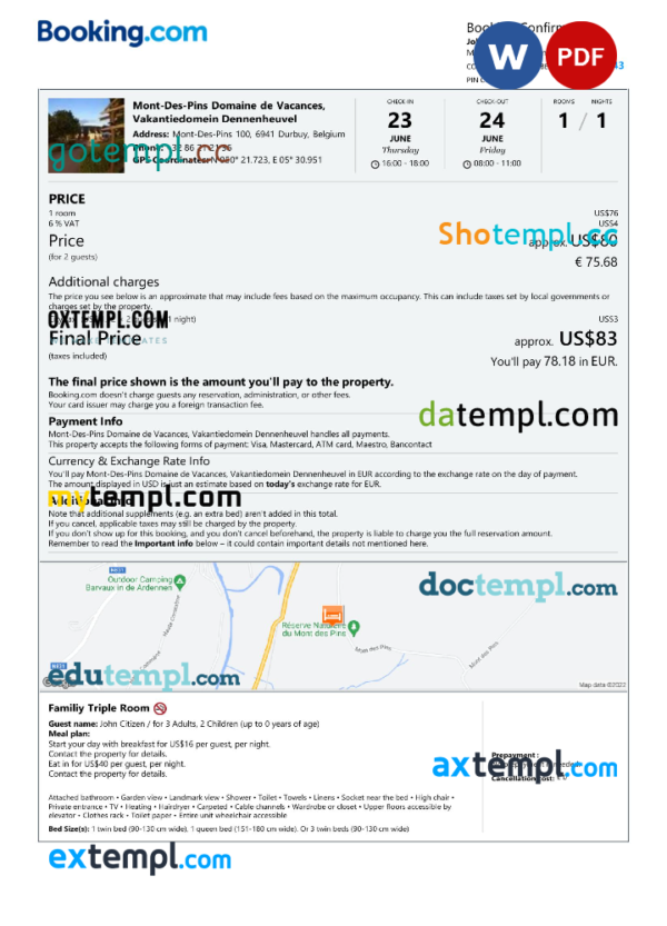 Belgium hotel booking confirmation Word and PDF template, 2 pages