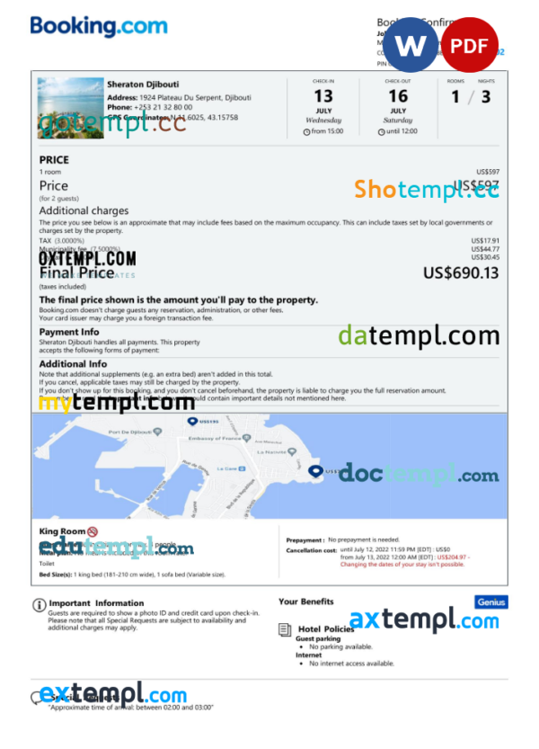 Djibouti hotel booking confirmation Word and PDF template, 2 pages