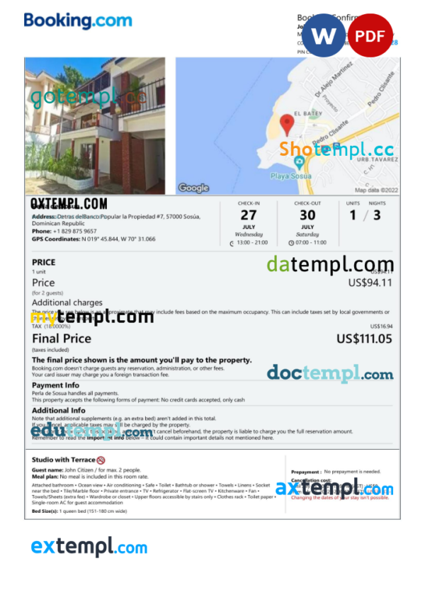 Dominican Republic hotel booking confirmation Word and PDF template, 2 pages