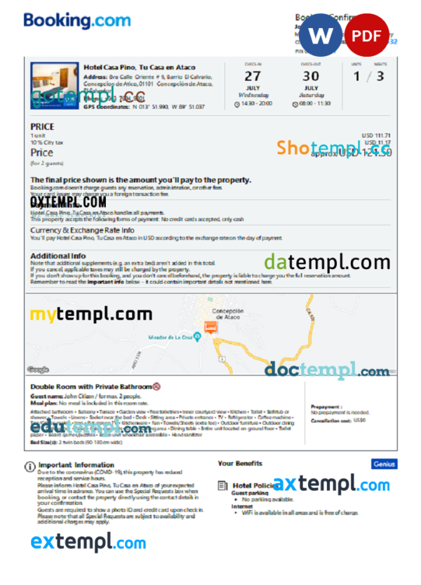 El Salvador hotel booking confirmation Word and PDF template, 2 pages