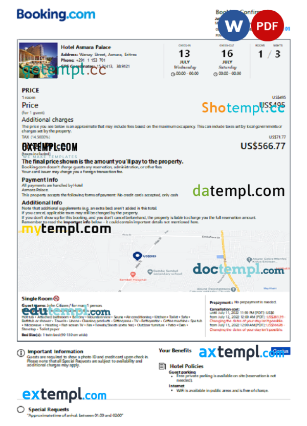 Eritea hotel booking confirmation Word and PDF template, 2 pages