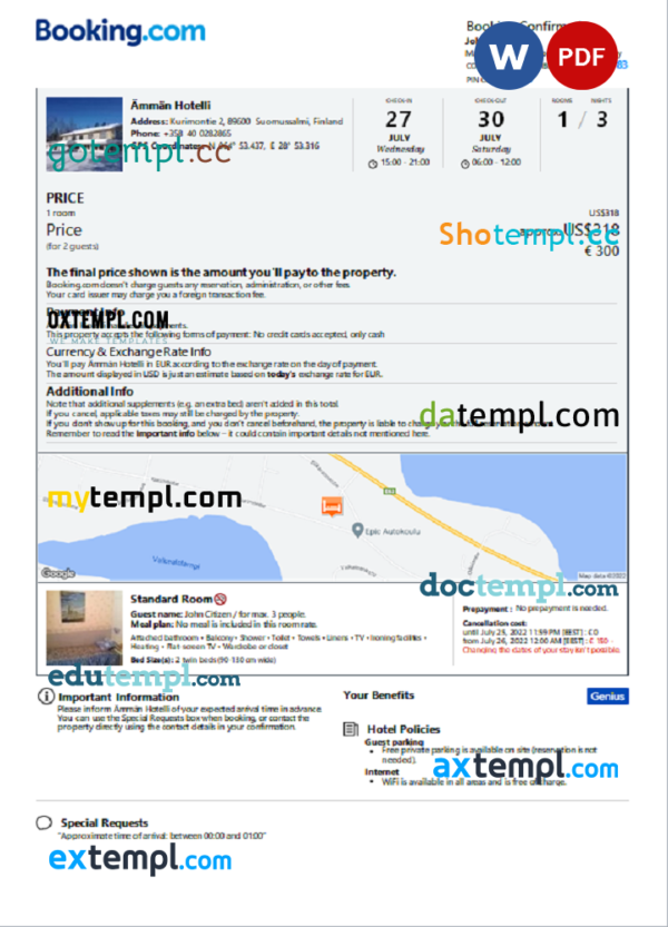 Finland hotel booking confirmation Word and PDF template, 2 pages