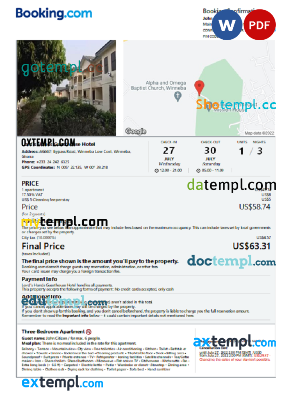 Ghana hotel booking confirmation Word and PDF template, 2 pages