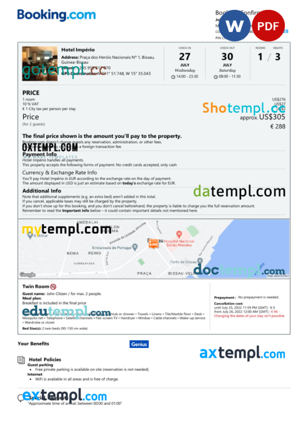 Guinea-Bissau hotel booking confirmation Word and PDF template, 2 pages