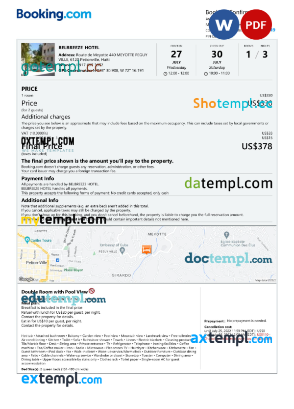 Haiti hotel booking confirmation Word and PDF template, 2 pages