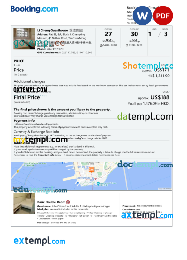 Hong Kong hotel booking confirmation Word and PDF template, 2 pages