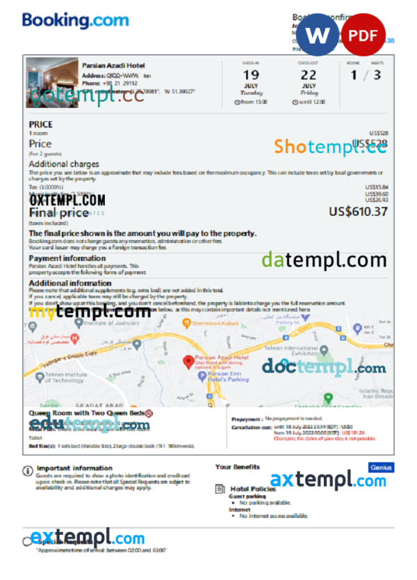 Iran hotel booking confirmation Word and PDF template, 2 pages