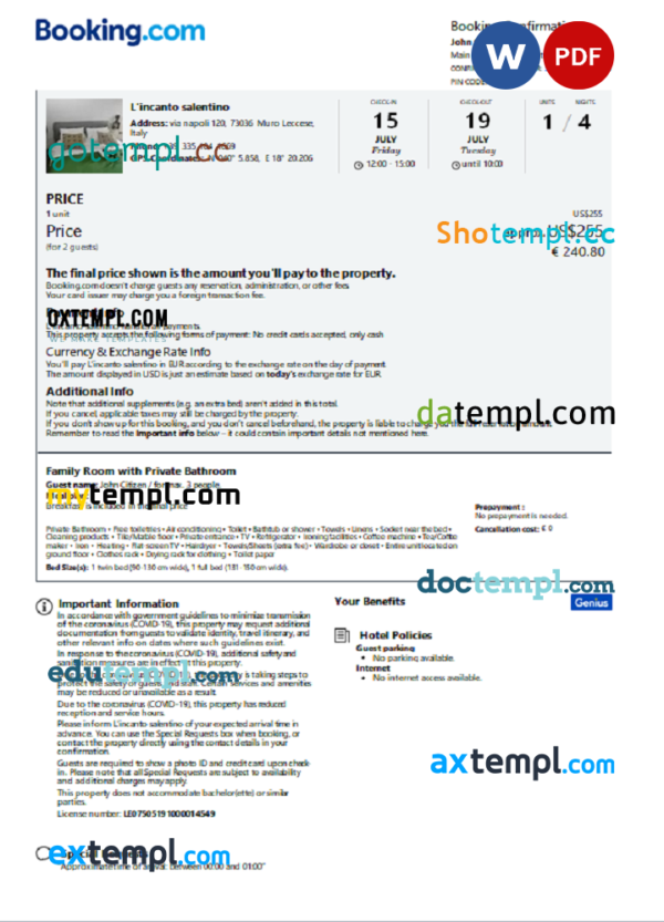 Italy hotel booking confirmation Word and PDF template, 2 pages