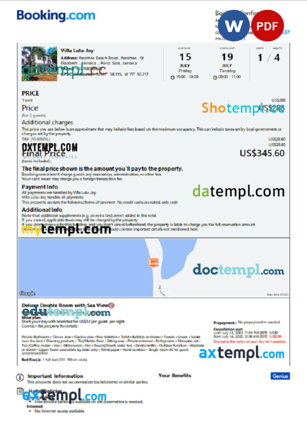 Jamaica hotel booking confirmation Word and PDF template, 2 pages