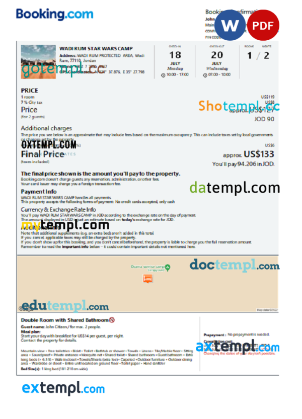 Jordan hotel booking confirmation Word and PDF template, 2 pages