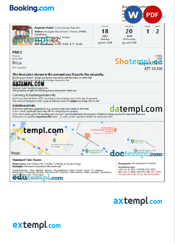 Kazakhstan hotel booking confirmation Word and PDF template, 2 pages