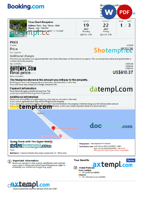 Kiribati hotel booking confirmation Word and PDF template, 2 pages