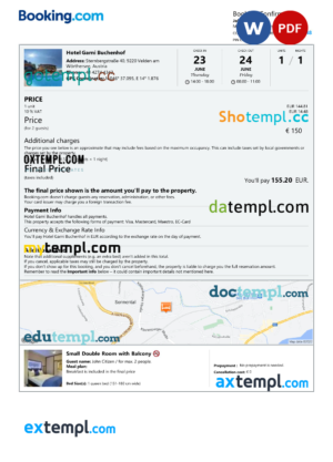 Uzbekistan hotel booking confirmation Word and PDF template, 2 pages