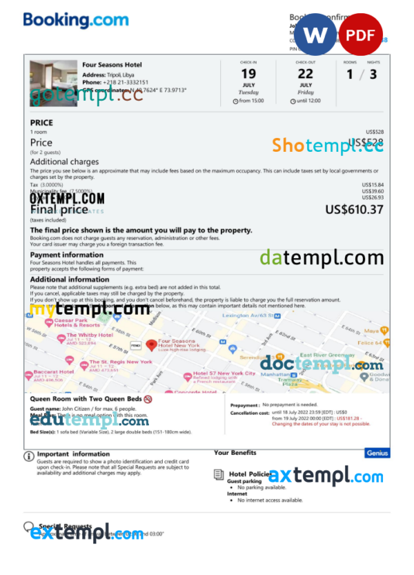 Libya hotel booking confirmation Word and PDF template, 2 pages