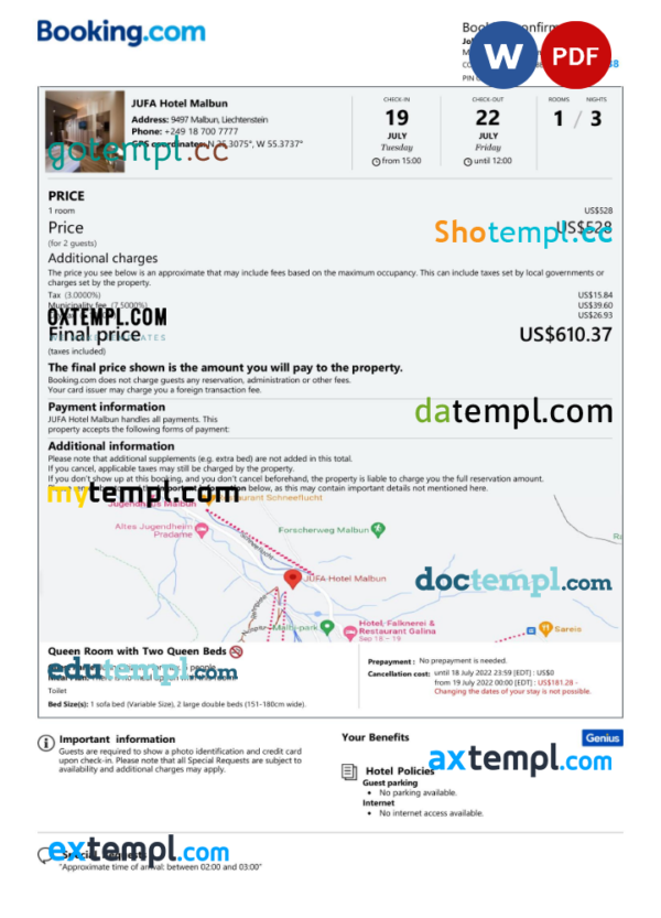 Liechtenstein hotel booking confirmation Word and PDF template, 2 pages