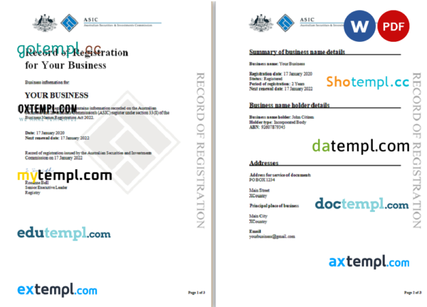Australian Securities and Investments Commission's (ASIC) Record of Business Registration Word and PDF template, 3 pages