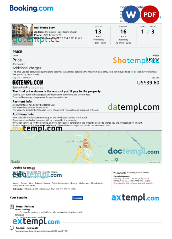 Bhutan hotel booking confirmation Word and PDF template, 2 pages